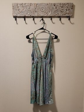 India Boutique V-neck Teal Boho Dress With Floral One Size